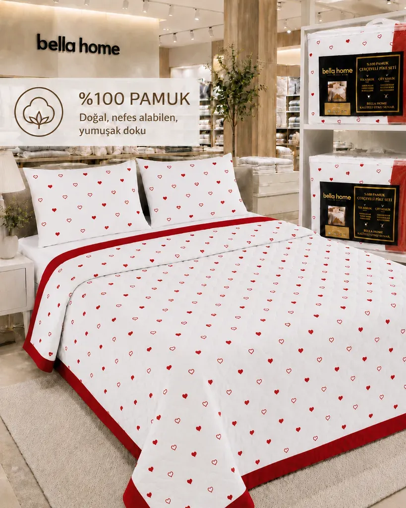 Bella Home Çift Kişilik Pamuk Pike Seti | 200x230 cm | Modern Çerçeve Desenli | Yazlık, Hafif ve Yumuşak Dokulu